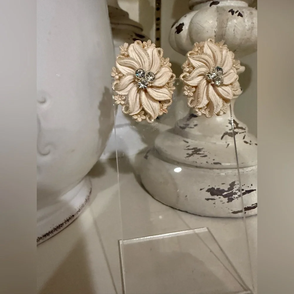 Vintage Celluloid Floral Clip Earrings with Rhinestones